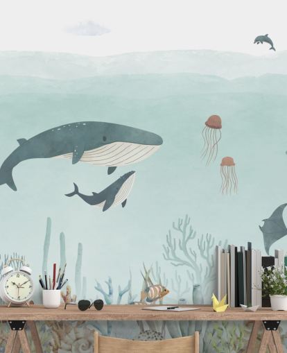 Cute Sea Life Mural with whales in blue