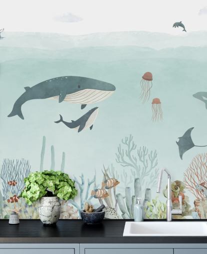 Jolie peinture murale Sea Life avec des baleines en bleu