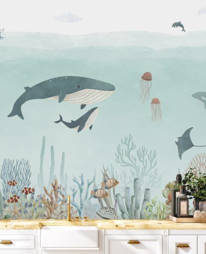 Søt Sea Life Veggmaleri med hvaler i blått