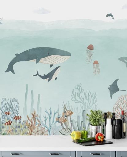 Leuke Sea Life muurschildering met walvissen in blauw
