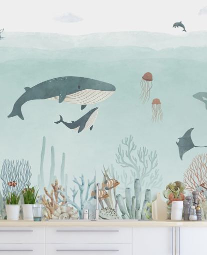 Söpö Sea Life -seinämaalaus valailla sinisellä Söpö Sea Life -seinämaalaus valailla sinisellä