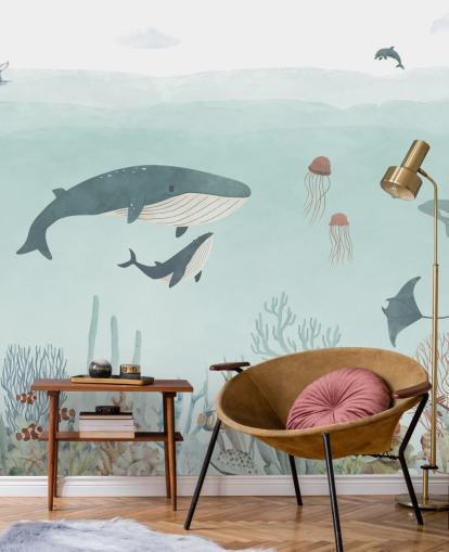 Cute Sea Life Mural with whales in blue