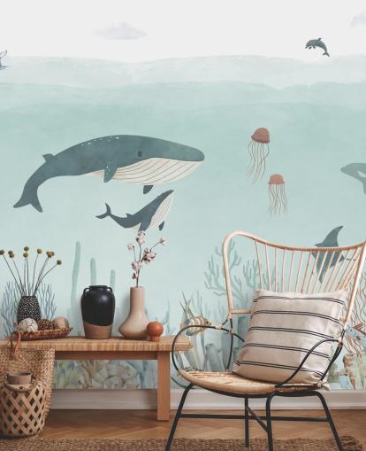 Cute Sea Life Mural with whales in blue
