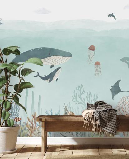 Lindo mural de vida marina con ballenas en azul