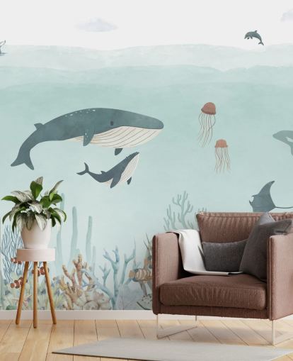 Cute Sea Life Mural with whales in blue