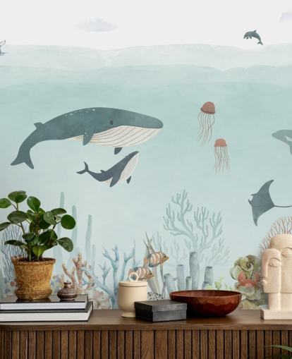 Cute Sea Life Mural with whales in blue