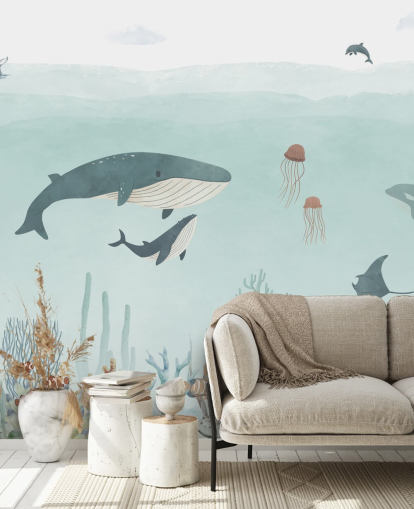 Lindo mural de vida marina con ballenas en azul