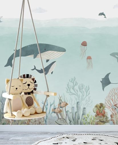 Søt Sea Life Veggmaleri med hvaler i blått