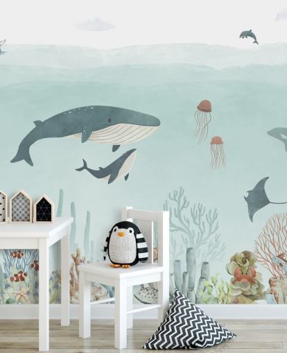 Sødt Sea Life vægmaleri med hvaler i blåt
