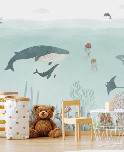 Simpatico murale Sea Life con balene in blu Simpatico murale Sea Life con balene in blu