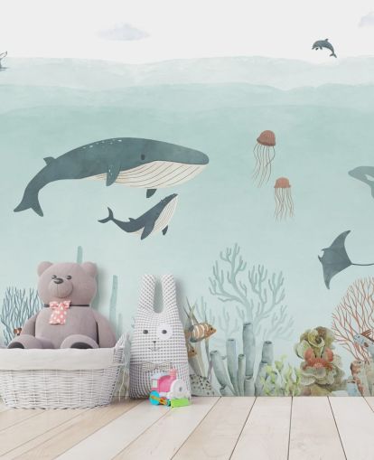 Leuke Sea Life muurschildering met walvissen in blauw