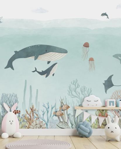 Söt Sea Life Väggmålning med valar i blått