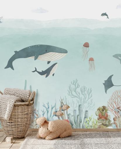 Söpö Sea Life -seinämaalaus valailla sinisellä