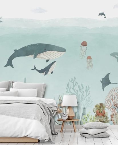 Cute Sea Life Mural with whales in blue
