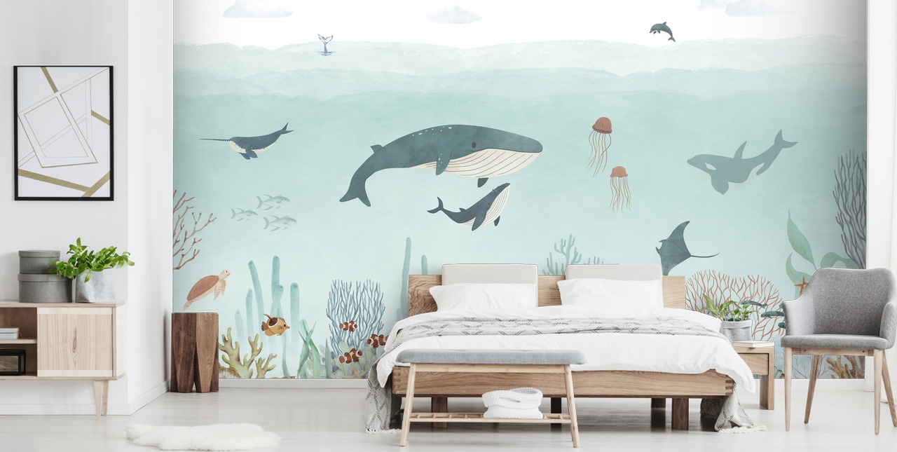 Jolie peinture murale Sea Life avec des baleines en bleu