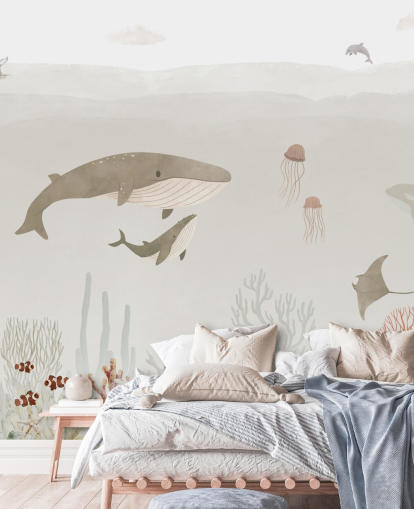 Sea Life muurschildering voor kinderen in bruin