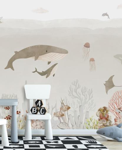 Lasten Sea Life -seinämaalaus ruskeana Lasten Sea Life -seinämaalaus ruskeana