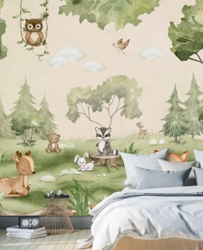 Cute Nursery Wall Mural with woodland animals