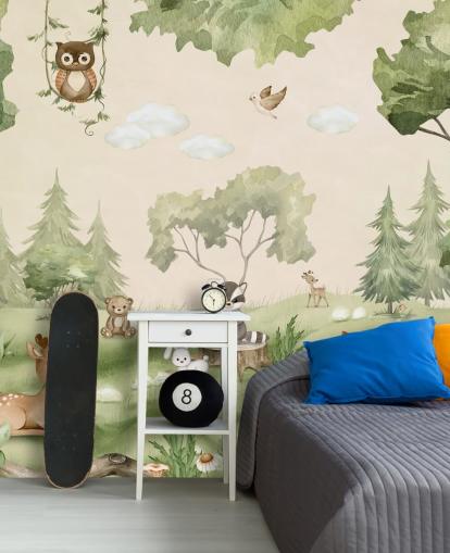 Cute Nursery Wall Mural with woodland animals