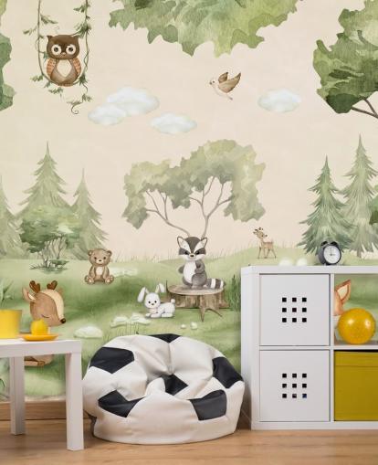 Jolie décoration murale de chambre d'enfant avec des animaux des bois