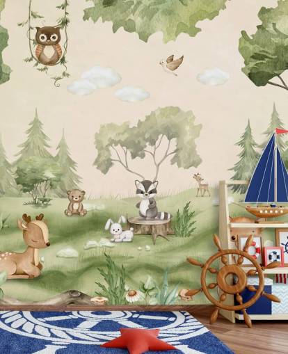 Bonito mural de pared para guardería con animales del bosque