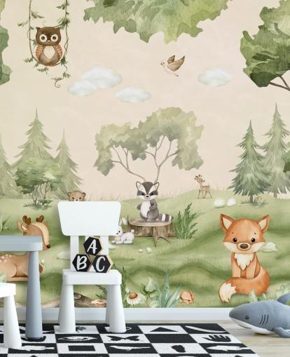 Bonito mural de pared para guardería con animales del bosque