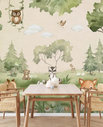 Leuke muurschildering voor de kinderkamer met bosdieren