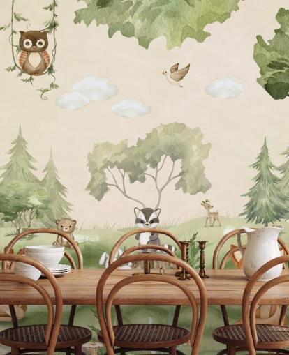 Cute Nursery Wall Mural with woodland animals