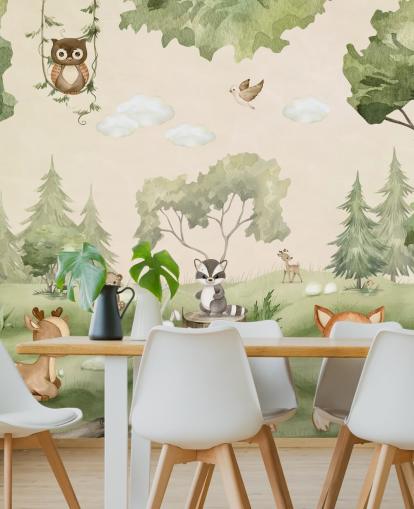 Cute Nursery Wall Mural with woodland animals