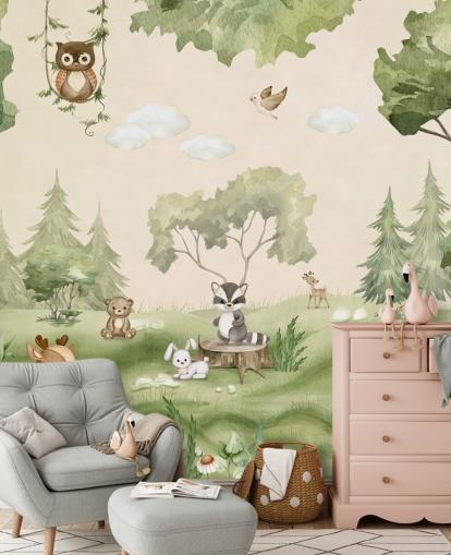 Cute Nursery Wall Mural with woodland animals