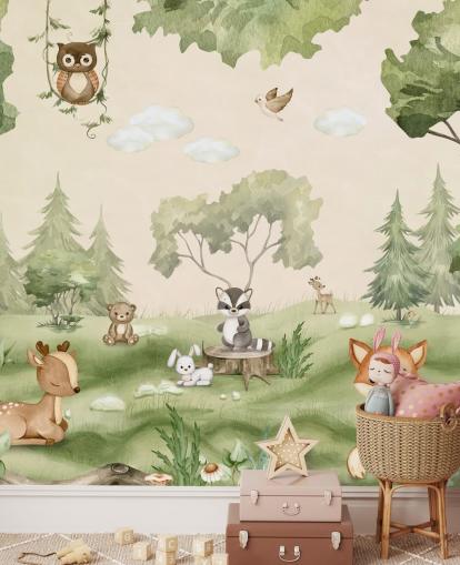 Bonito mural de parede de berçário com animais da floresta