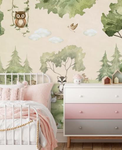 Leuke muurschildering voor de kinderkamer met bosdieren