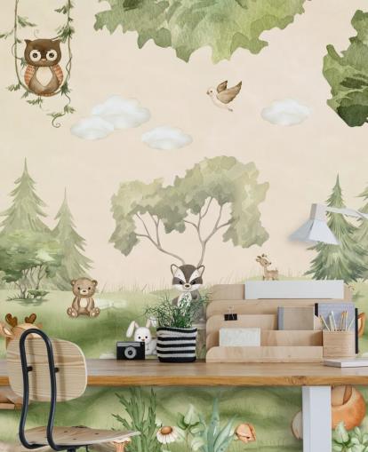 Bonito mural de pared para guardería con animales del bosque