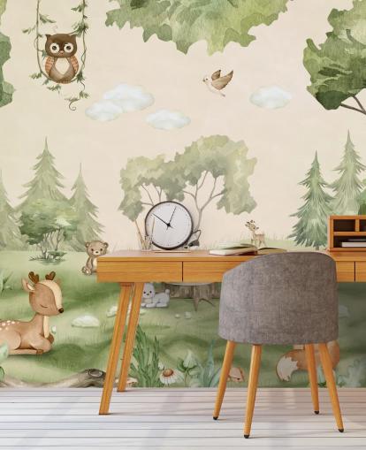 Cute Nursery Wall Mural with woodland animals