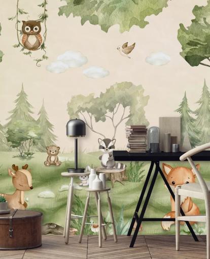 Cute Nursery Wall Mural with woodland animals