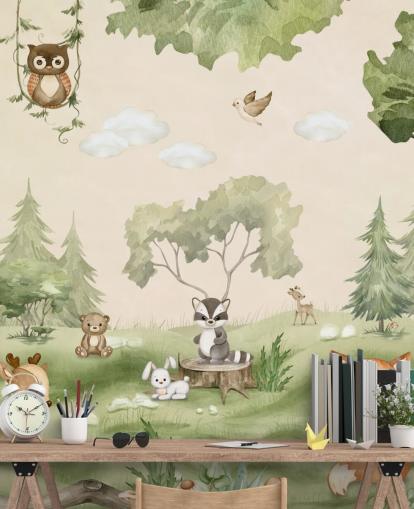 Cute Nursery Wall Mural with woodland animals