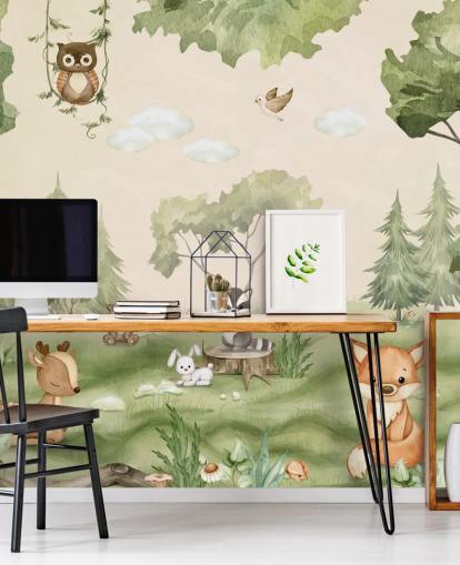 Bonito mural de pared para guardería con animales del bosque