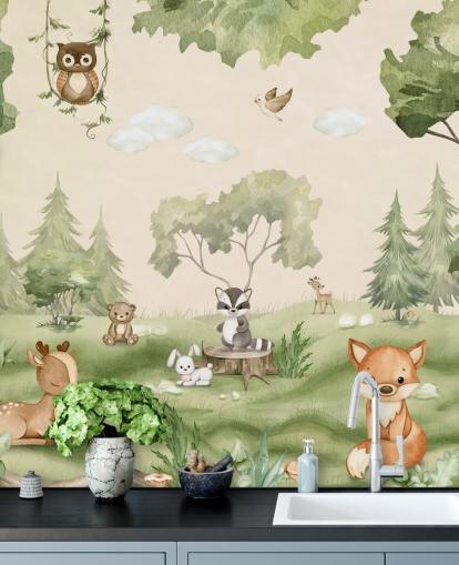 Bonito mural de pared para guardería con animales del bosque