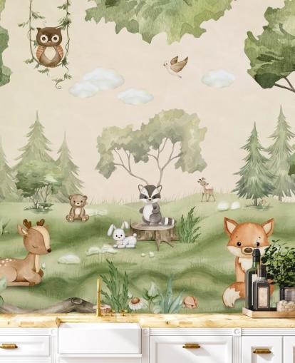 Cute Nursery Wall Mural with woodland animals