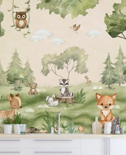 Cute Nursery Wall Mural with woodland animals
