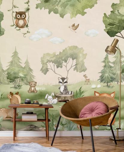 Cute Nursery Wall Mural with woodland animals