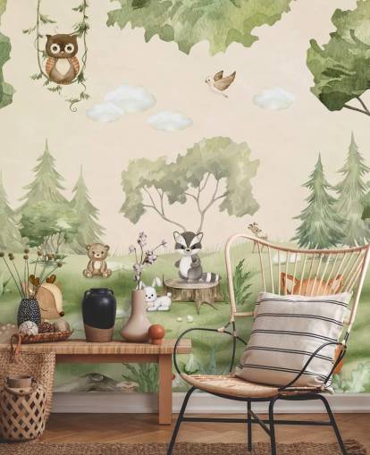 Bonito mural de pared para guardería con animales del bosque