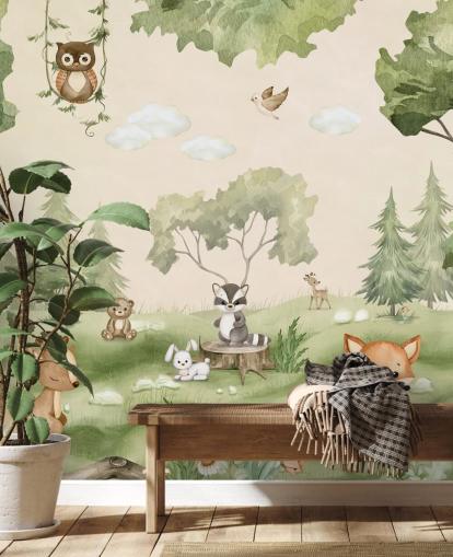 Cute Nursery Wall Mural with woodland animals