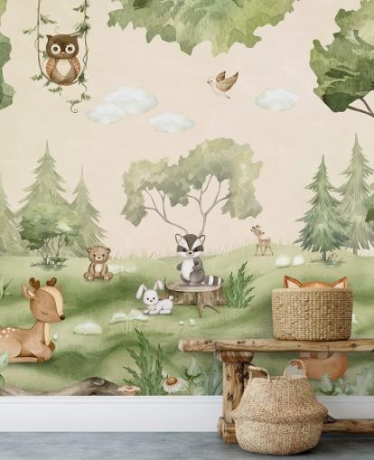 Cute Nursery Wall Mural with woodland animals