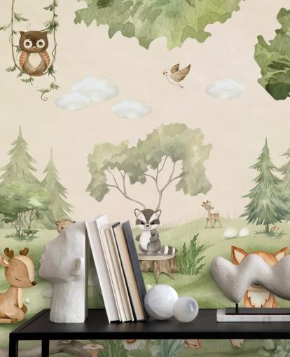 Bonito mural de pared para guardería con animales del bosque