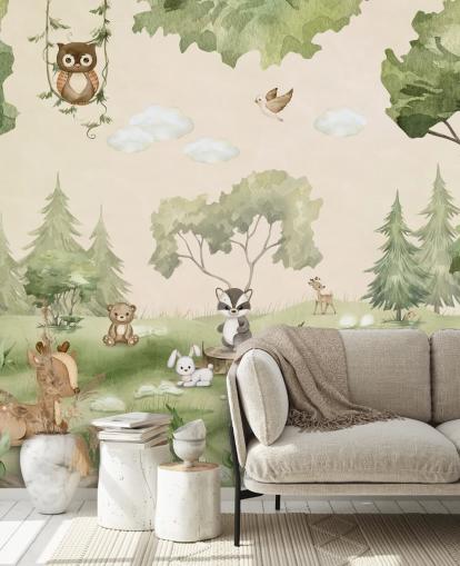 Bonito mural de pared para guardería con animales del bosque Bonito mural de pared para guardería con animales del bosque