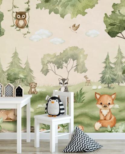 Bonito mural de pared para guardería con animales del bosque
