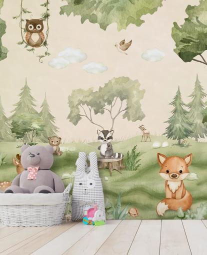 Cute Nursery Wall Mural with woodland animals