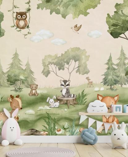 Bonito mural de pared para guardería con animales del bosque