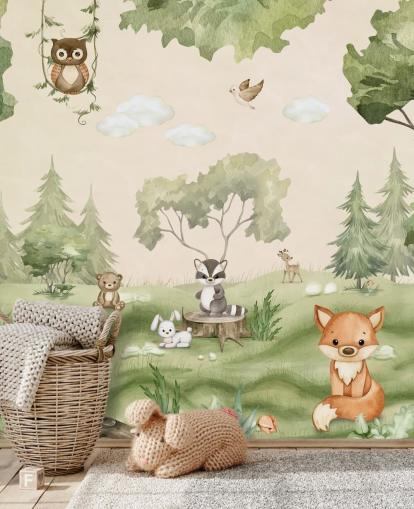 Jolie décoration murale de chambre d'enfant avec des animaux des bois